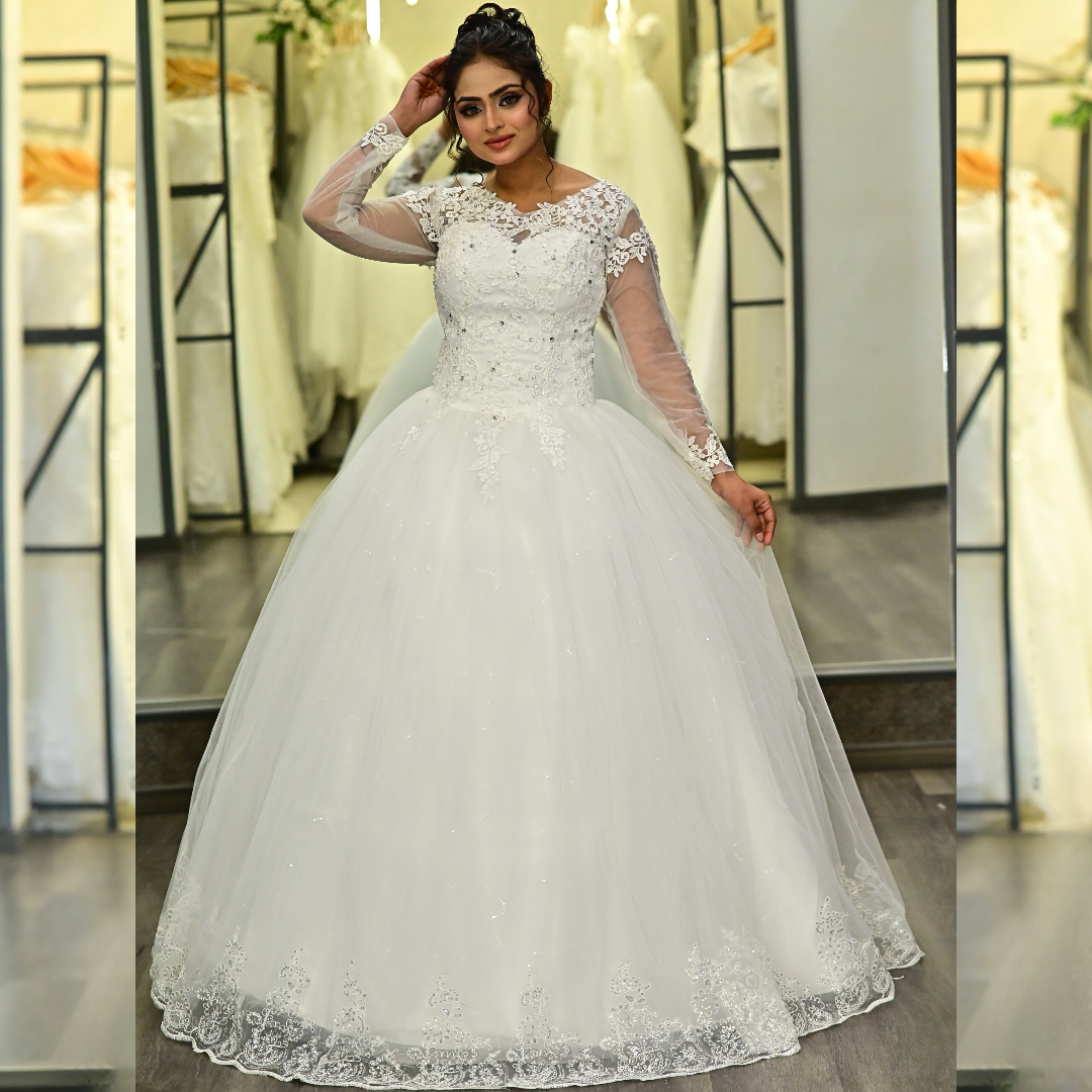 GownLink Luxury White Sequence Lace Church Wedding Princess Ball Gown GLHSD189CBS