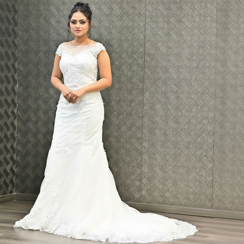 GownLink White Body Fitted Mermaid Wedding Gown with Long Train for Christian & Catholic Brides GL330XFM
