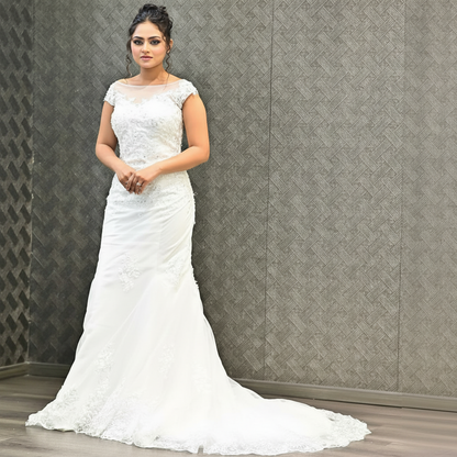 GownLink White Body Fitted Mermaid Wedding Gown with Long Train for Christian & Catholic Brides GL330XFM
