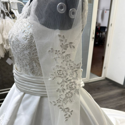 GownLink Luxury White Satin Bridal Train Gown for Christian & Catholic Weddings with Sleeves GLHSD691