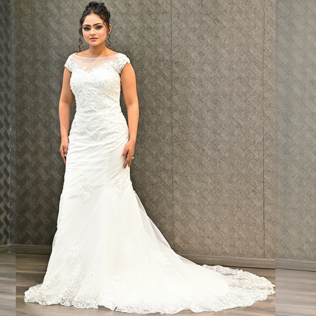 GownLink White Body Fitted Mermaid Wedding Gown with Long Train for Christian & Catholic Brides GL330XFM