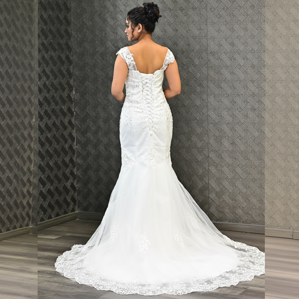 GownLink White Body Fitted Mermaid Wedding Gown with Long Train for Christian & Catholic Brides GL330XFM