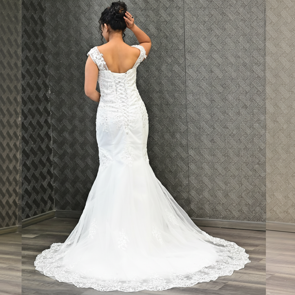 GownLink White Body Fitted Mermaid Wedding Gown with Long Train for Ch GownLink White Body Fitted Mermaid Wedding Gown with Long Train for Ch