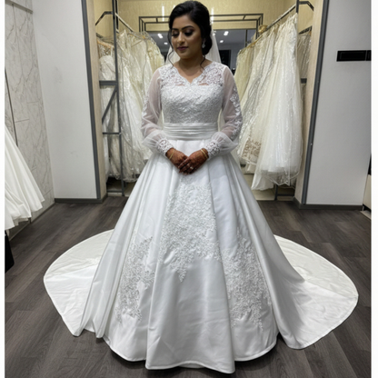 GownLink Luxury White Satin Bridal Train Gown for Christian & Catholic Weddings with Sleeves GLHSD691