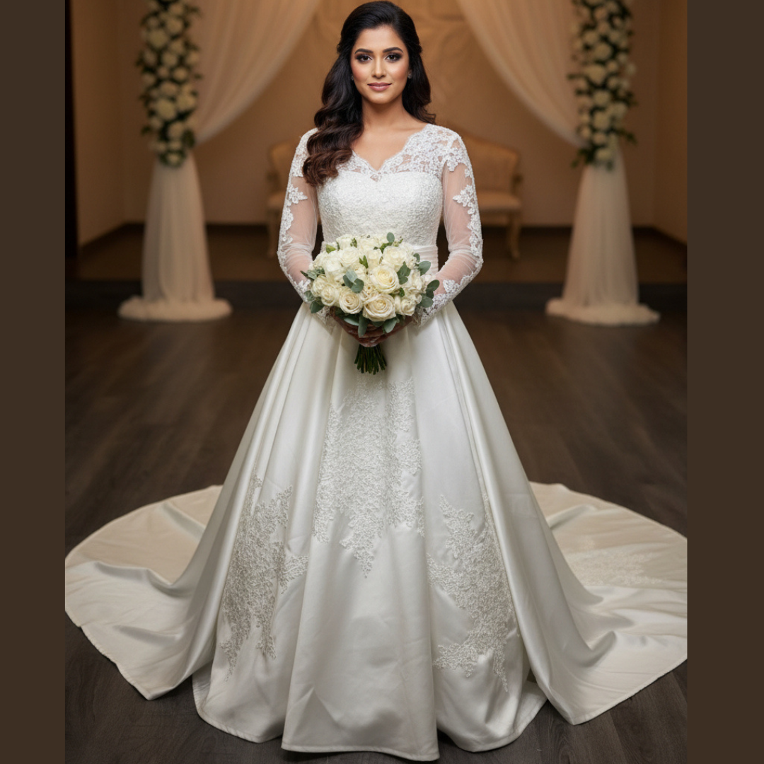GownLink Luxury White Satin Bridal Train Gown for Christian & Catholic Weddings with Sleeves GLHSD691