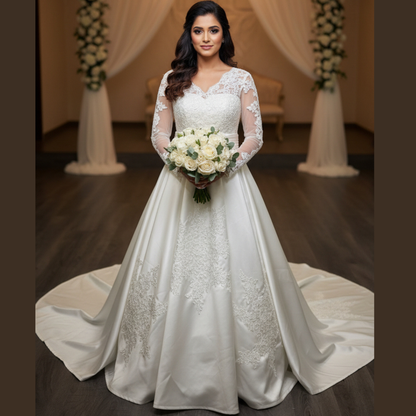 GownLink Luxury White Satin Bridal Train Gown for Christian & Catholic Weddings with Sleeves GLHSD691