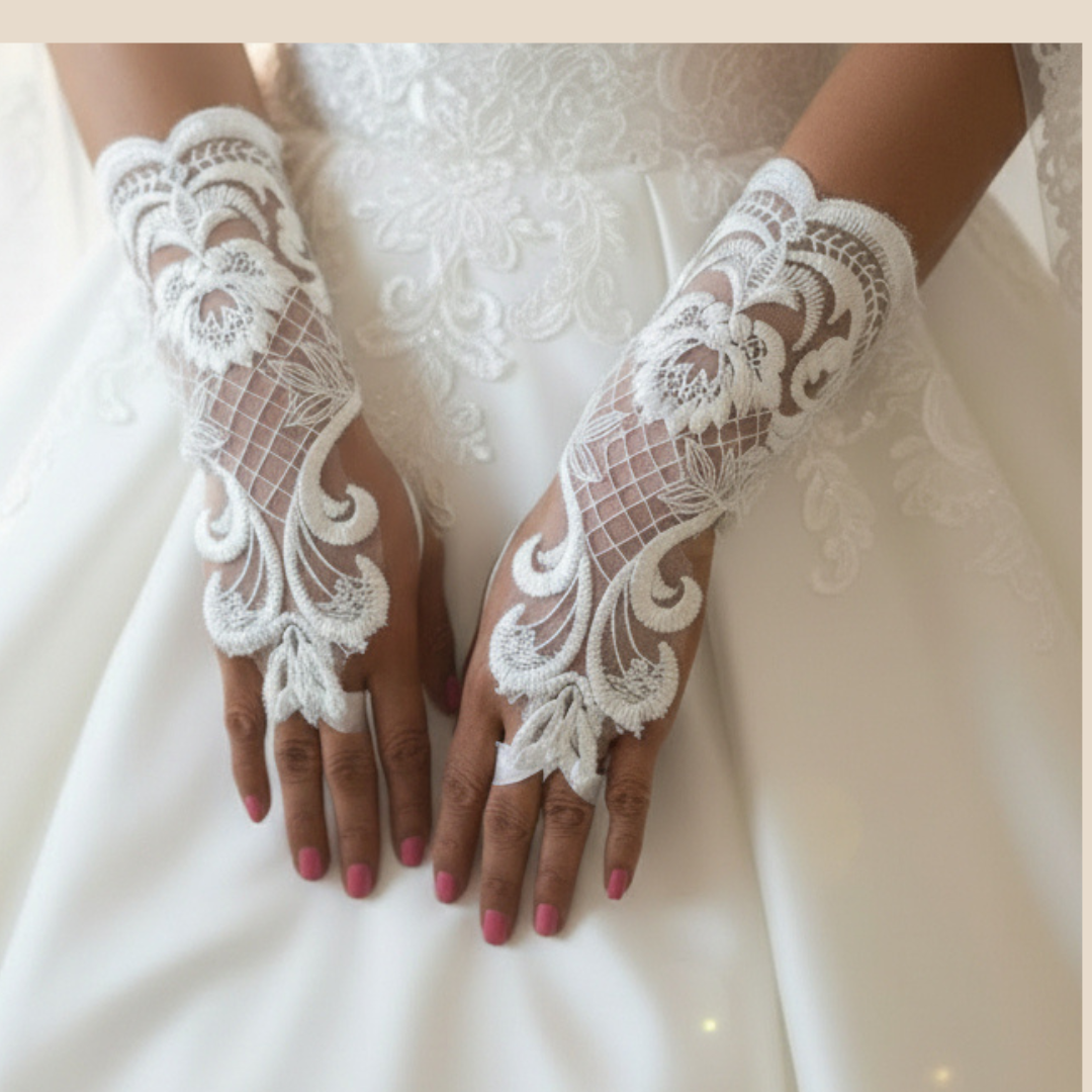 GownLink Lace Gloves Wedding Gloves for Bride Elbow Length Bridal with pearls Gloves G-14