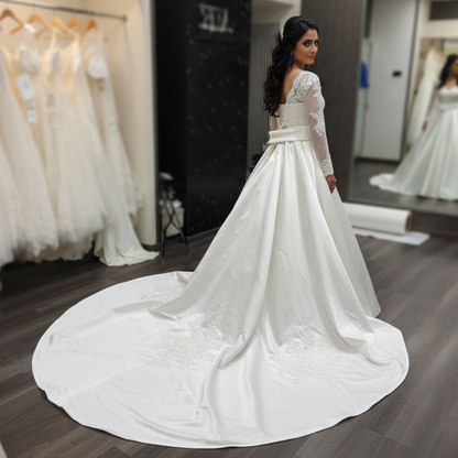 GownLink Luxury White Satin Bridal Train Gown for Christian & Catholic Weddings with Sleeves GLHSD691