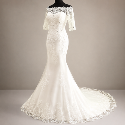 Gownlink Elegant White Mermaid Bridal Wedding Dress with Train for Christian Church Bride GLD-950