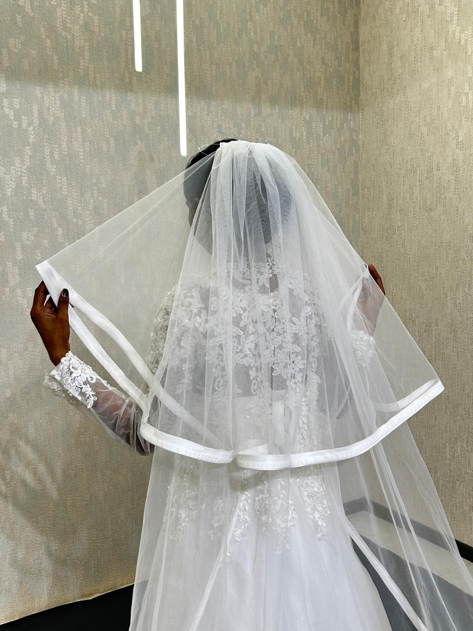 Two Tier Satin Trim Cathedral Veil, Satin Ribbon Barauni