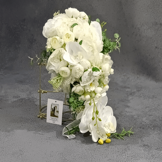 All white wedding, Cascading bridal bouquets, beautiful bouquet Brides B136 GownLink