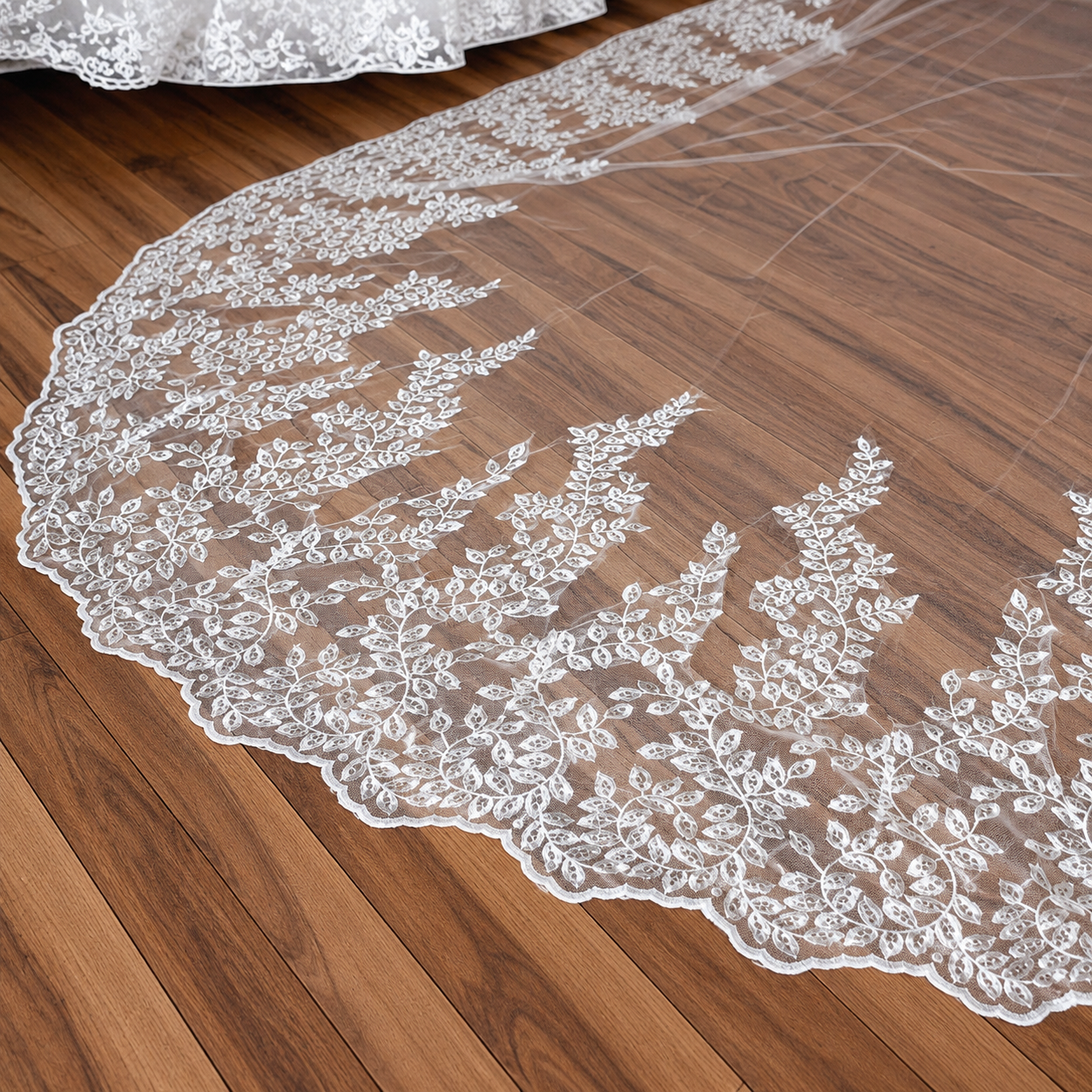 Close-up of lace edge detail on Cathedral Bridal Veil — GownLink GLVD30