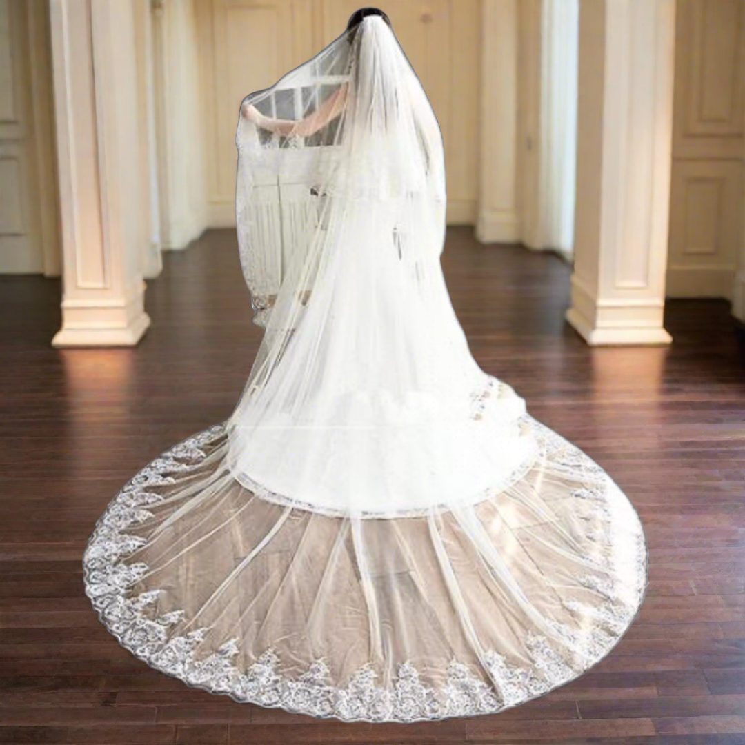Elegant white tulle bridal veil with satin border and front face layer for church wedding ceremonies