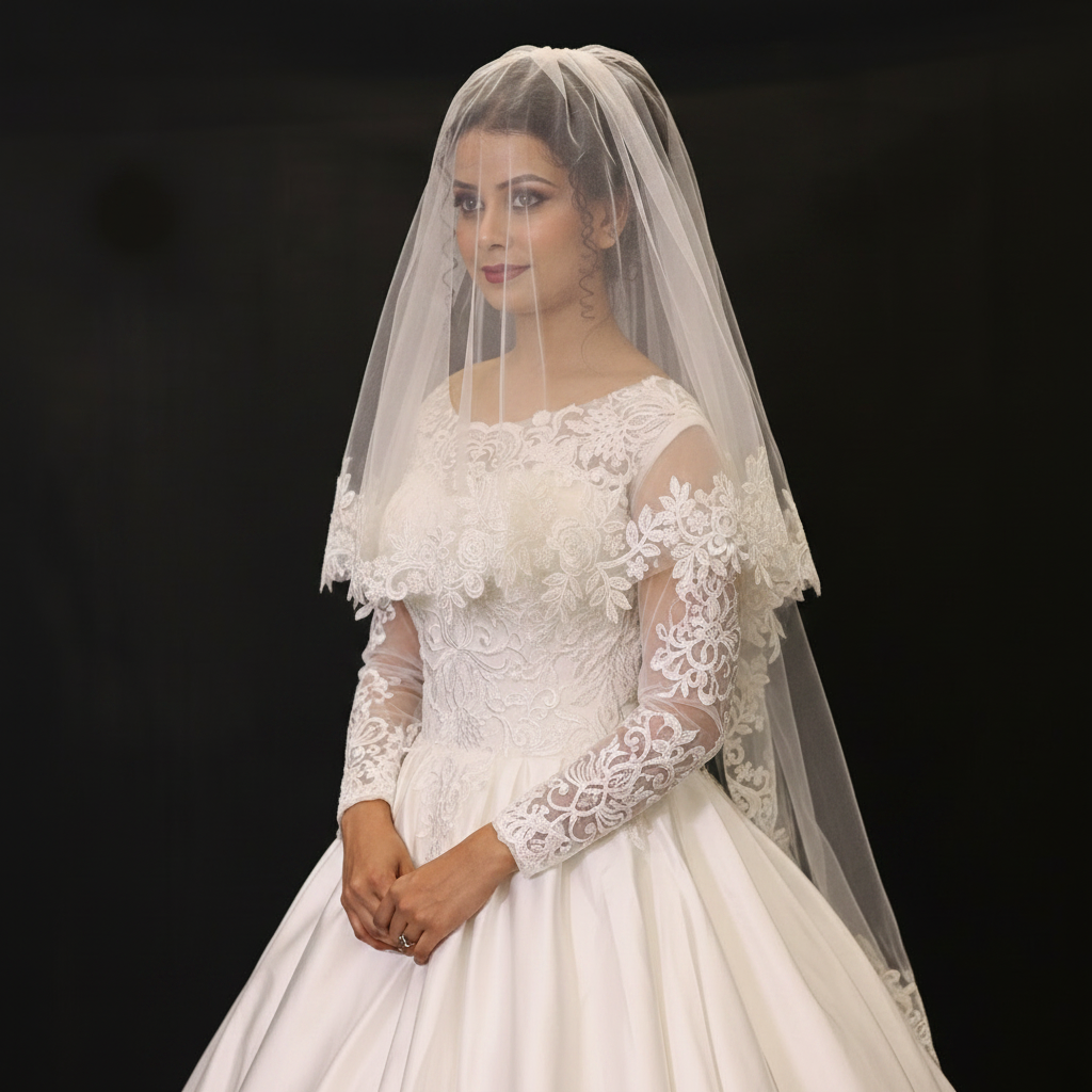 Model wearing Cathedral Bridal Veil with bridal gown — GownLink GLV13