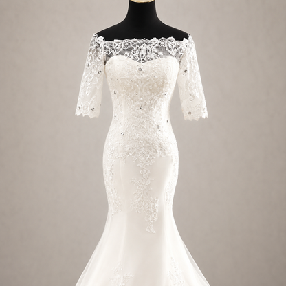 Gownlink Elegant White Mermaid Bridal Wedding Dress with Train for Christian Church Bride GLD-950