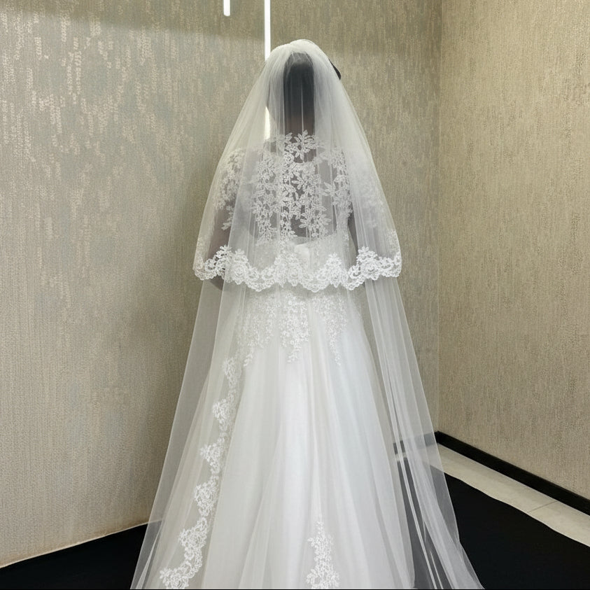 Bridal veil with lace edge and front blusher for Catholic wedding