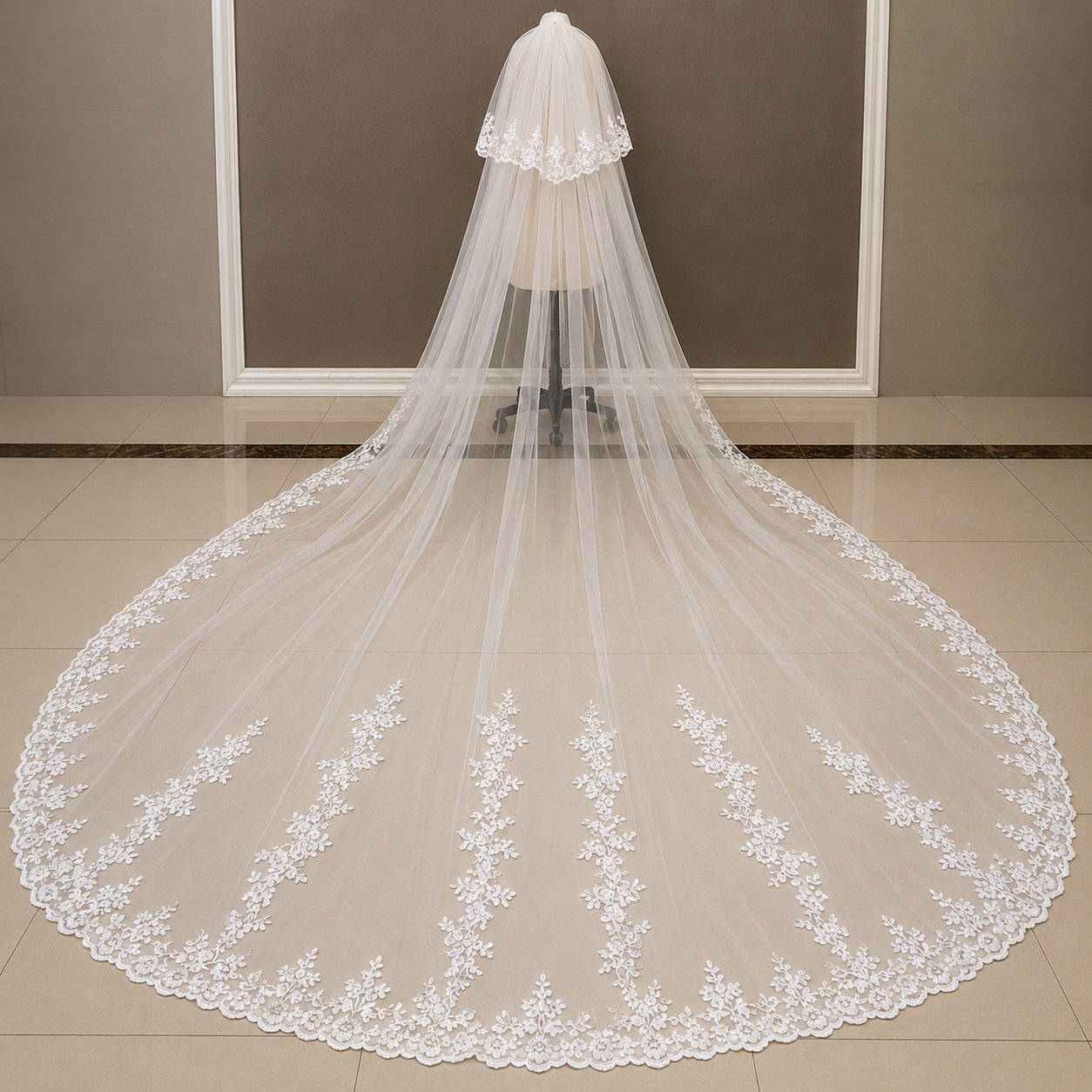 Front view of Long Bridal Veil draped over model — GownLink GLVL