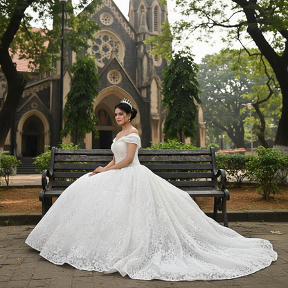Back view of White Ball Gown with Off-Shoulder showing train and closure detail — GownLink GLGF108