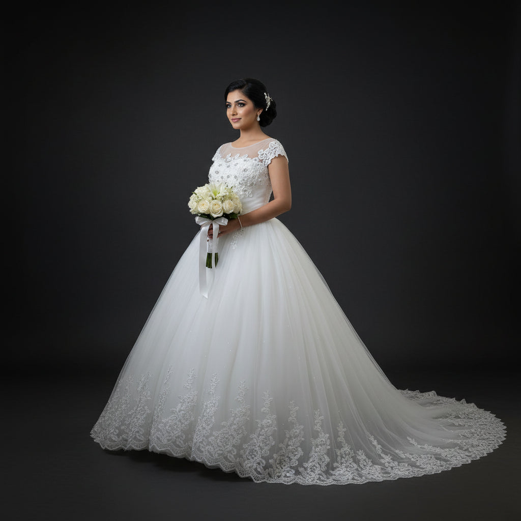 Christian bridal gown featuring delicate cap sleeves, floral lace appliqué, and a classic princess silhouette
