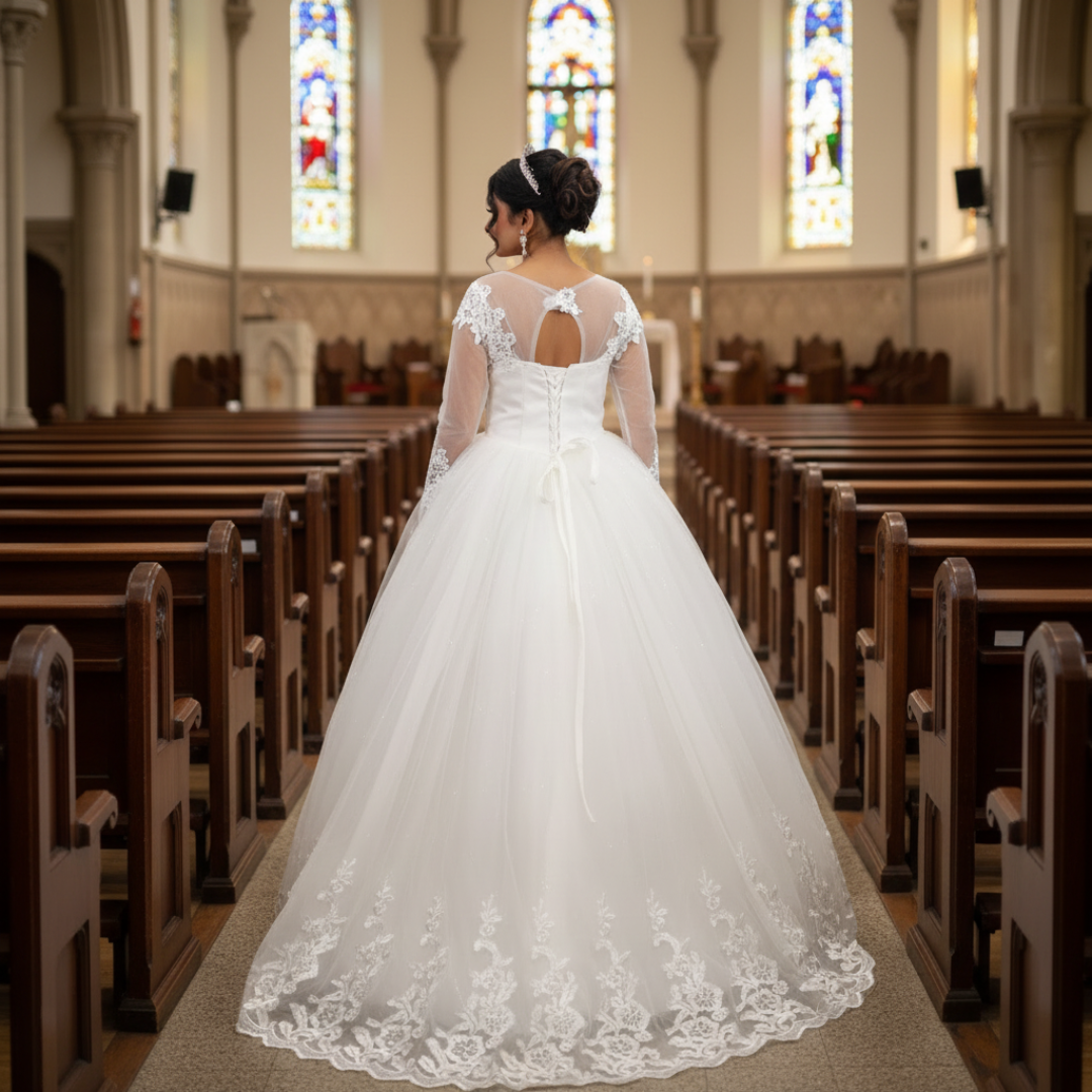 Back view of White Ball Gown showing train and closure detail — GownLink GLHMD16050083B