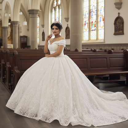 Close-up of lace and fabric detail on White Bridal Gown Sparkle with — GownLink GLGT1088T