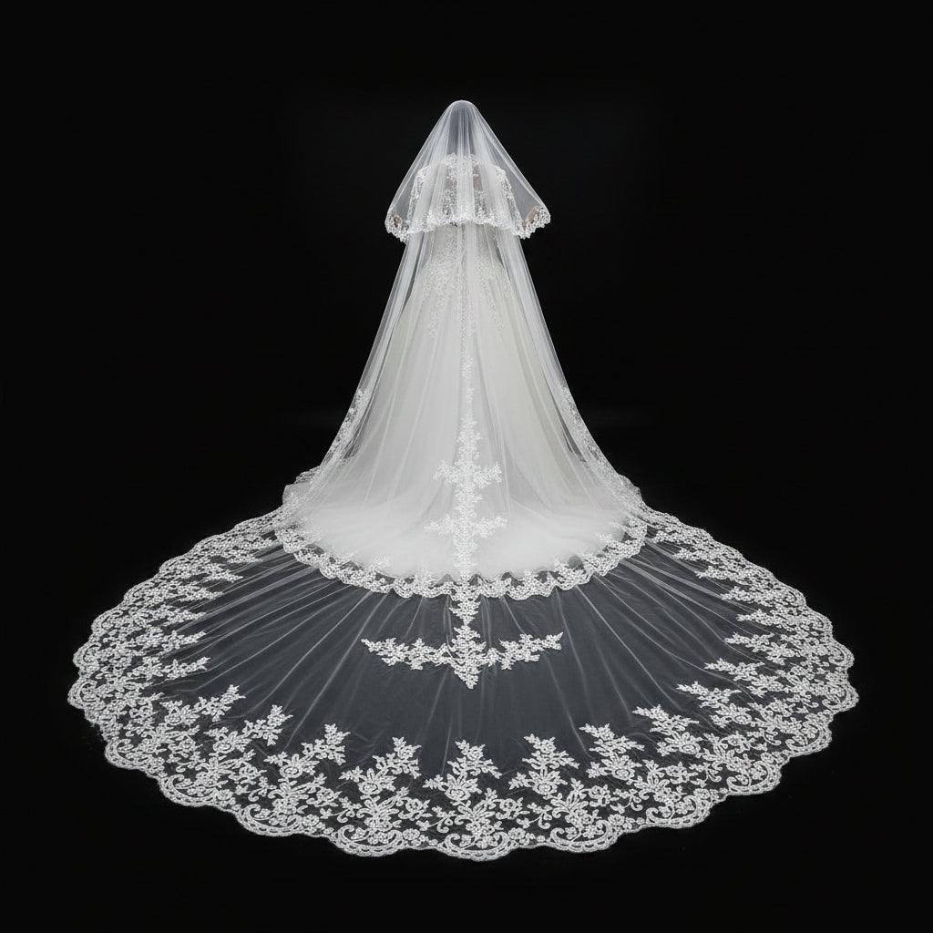 GownLink white lace cathedral veil for Christian and Catholic weddings