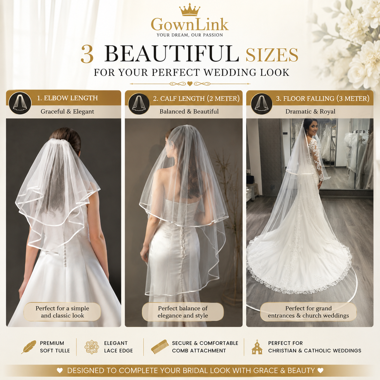 Elegant white wedding veil with short front layer and long back layer for Christian bride