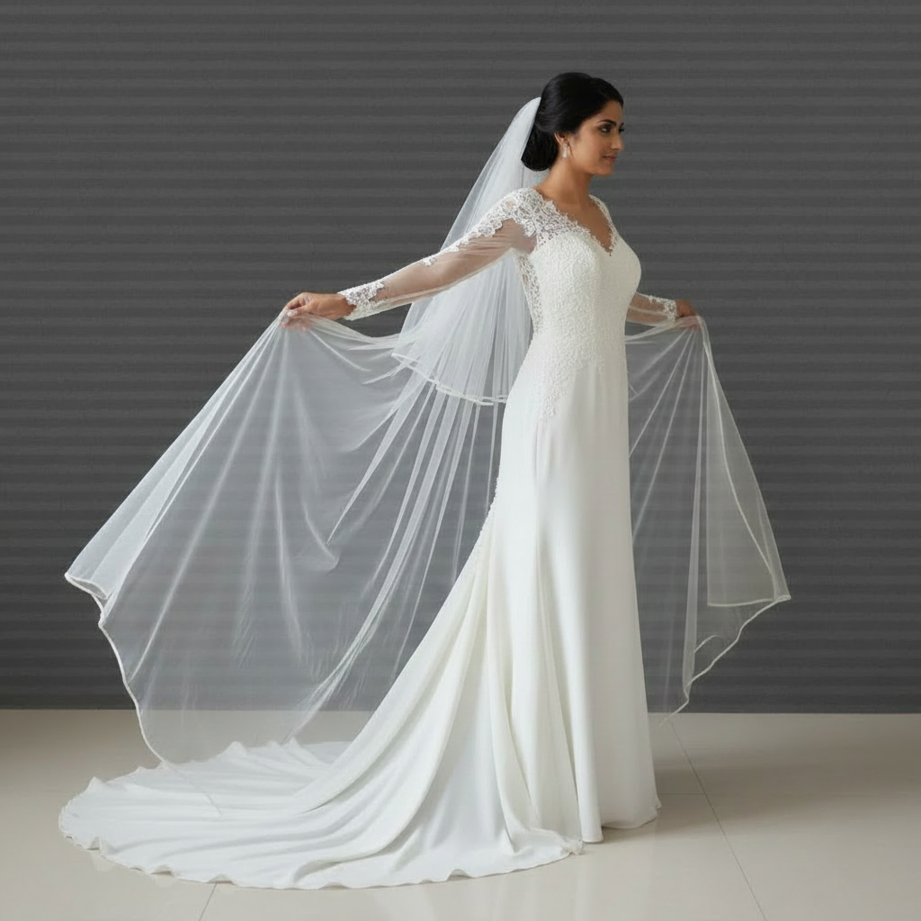 White long bridal veil with elegant satin trim for Christian wedding