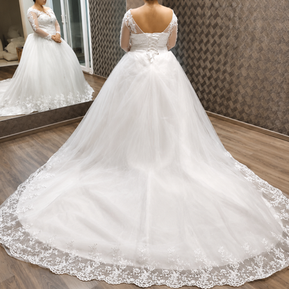 Close-up of lace and fabric detail on White Bridal Gown with Long Train — GownLink GLHSD189T
