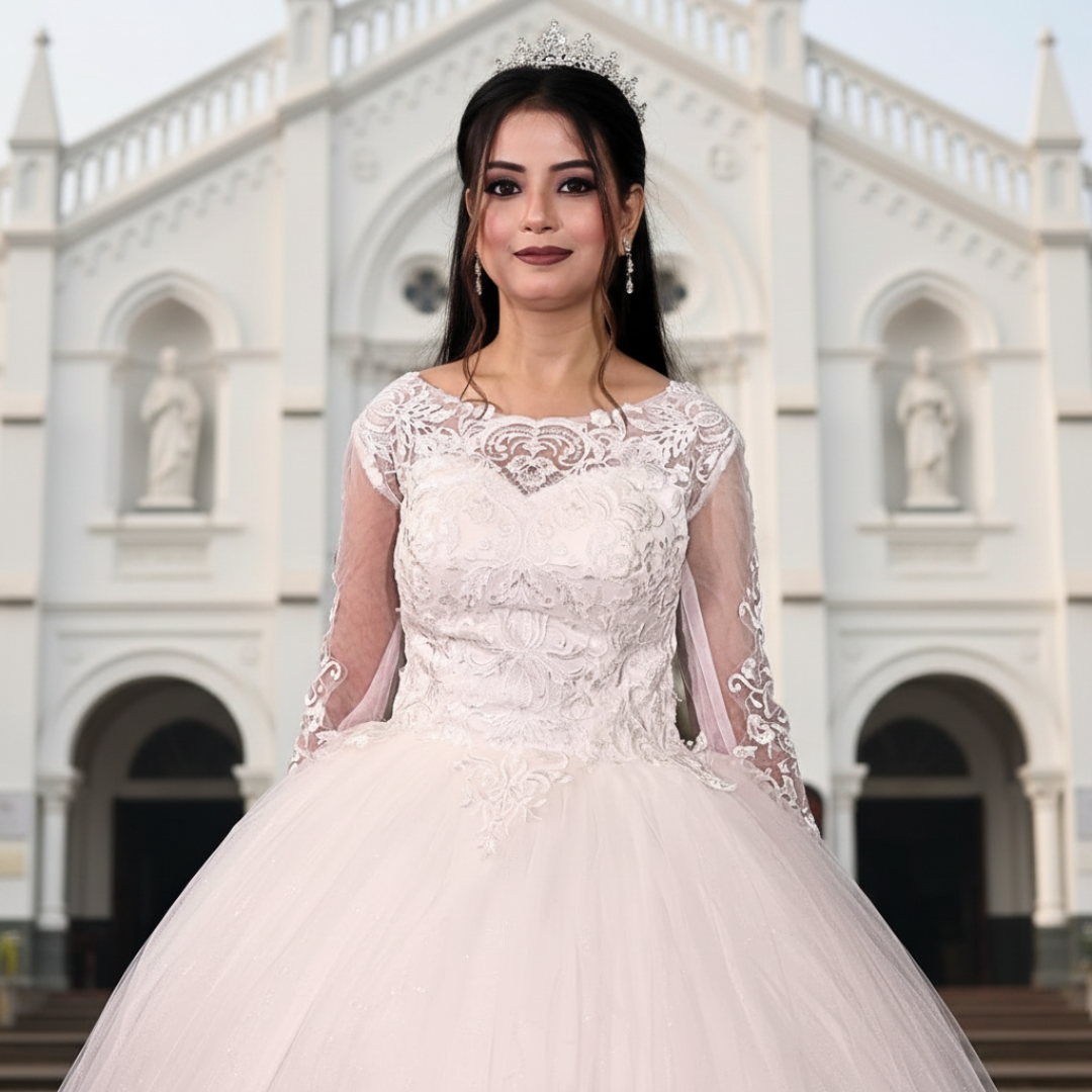 Classic Christian church wedding dress with a lace bodice and voluminous princess silhouette