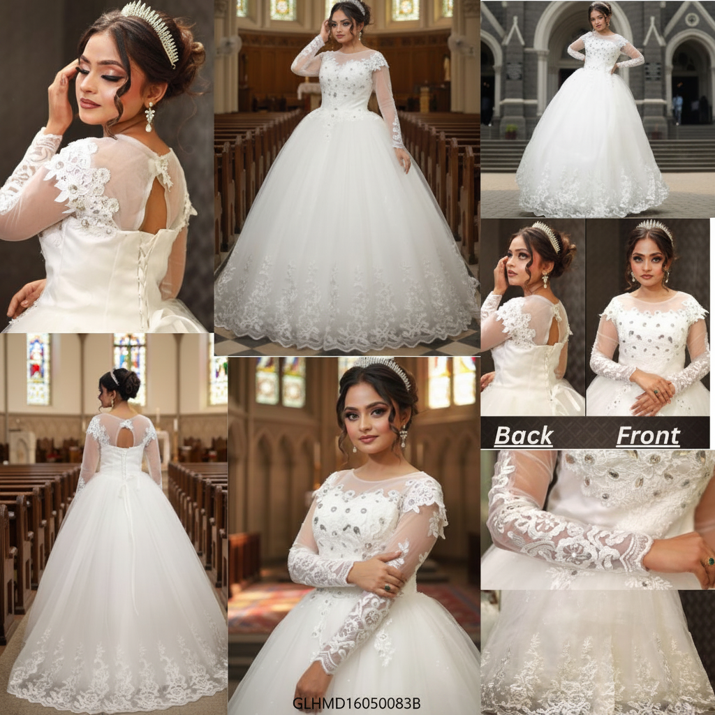 GownLink Christian wedding ball gown with embroidered lace, sheer sleeves, and timeless bridal elegance