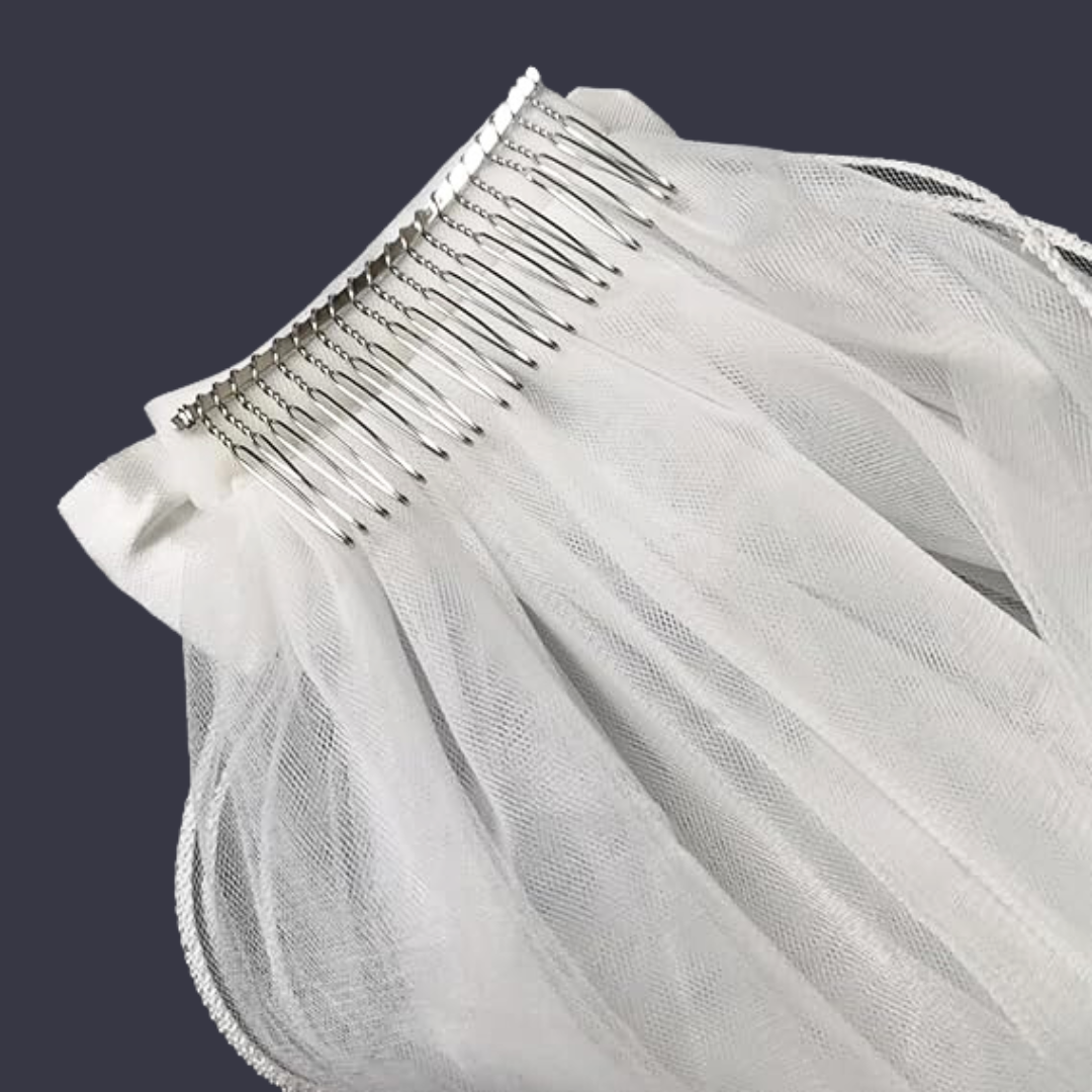Elegant white tulle bridal veil with lace border and front face layer for church wedding ceremonies