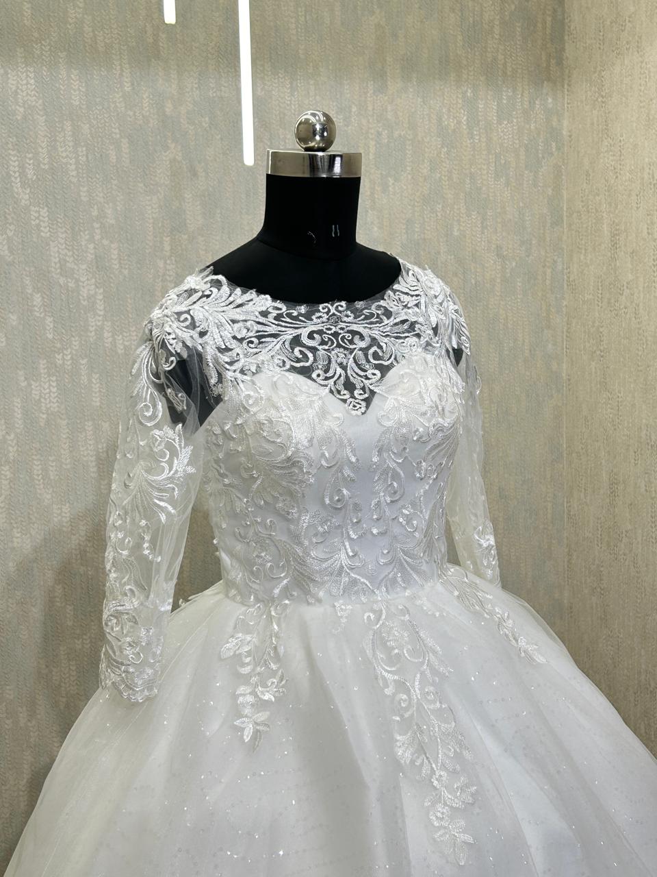 GownLink White Christian Wedding  Train Gown with Long Sleeves GLGF051T