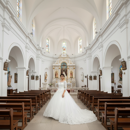 Classic Christian church bridal gown featuring a fitted lace bodice and flowing cathedral-length train