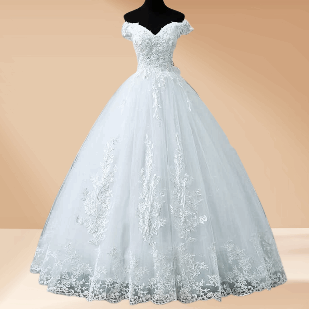 Classic white church wedding gown with floral lace appliqué and timeless Christian bridal elegance