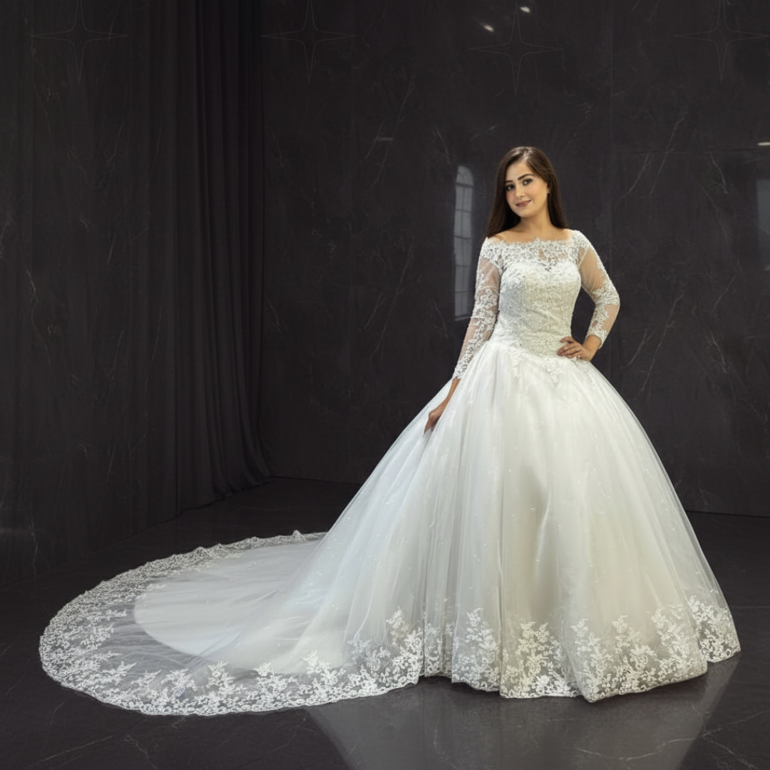 Hem and train lace detail on White Bridal Gown with Long Train — GownLink GLHSD189T