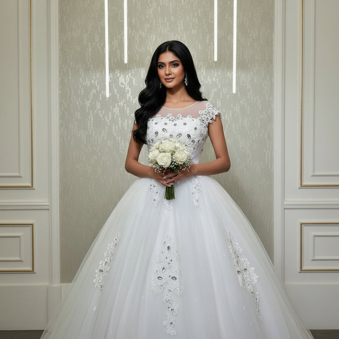 Designer Christian bridal gown with sparkling lace embellishments and a regal princess look