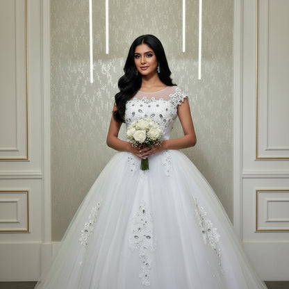 Designer Christian bridal gown with sparkling lace embellishments and a regal princess look