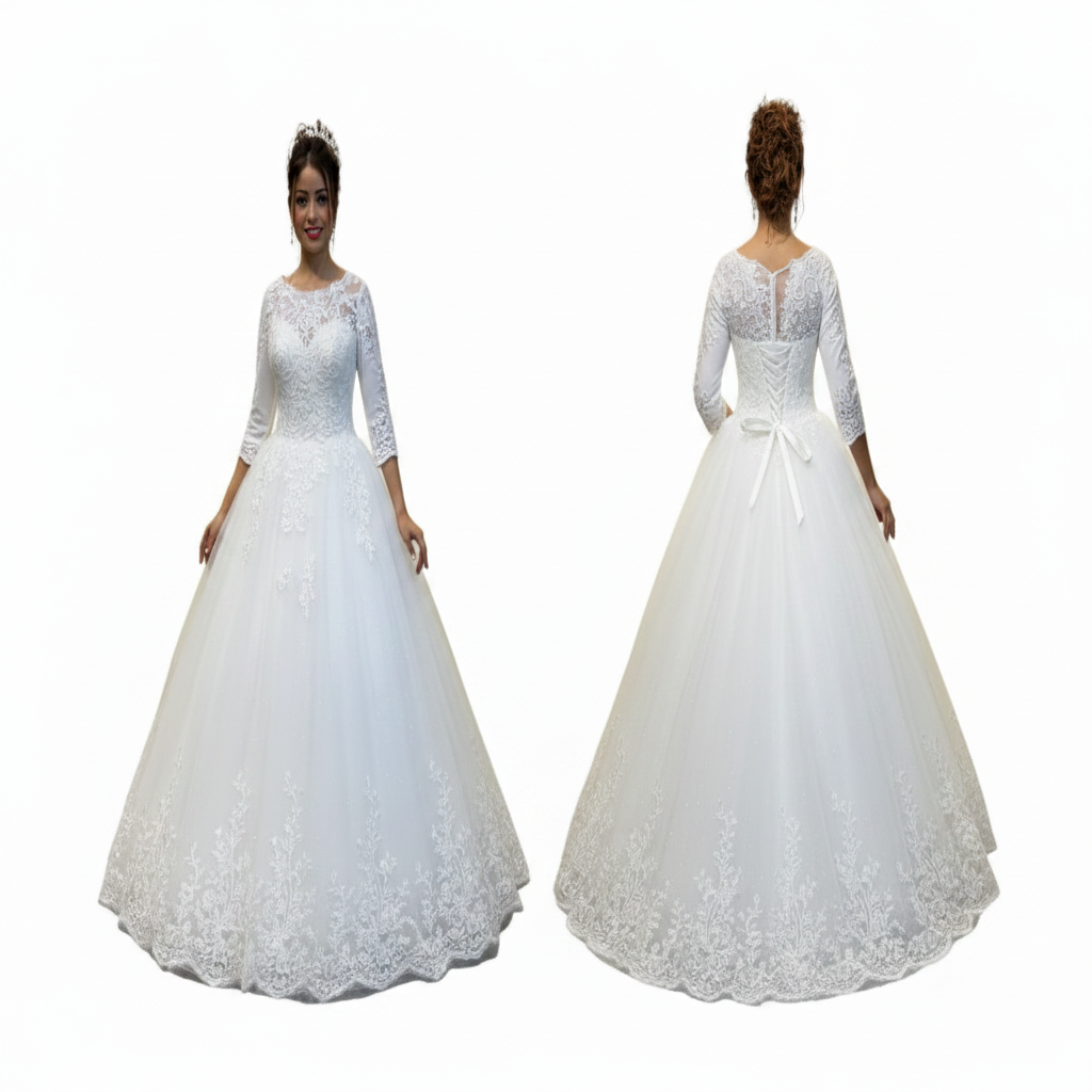 Designer white Christian wedding dress with embroidered lace, modest styling, and a luxurious ball gown silhouette