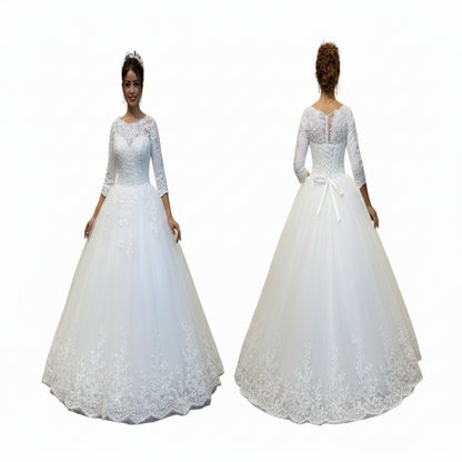 Designer white Christian wedding dress with embroidered lace, modest styling, and a luxurious ball gown silhouette