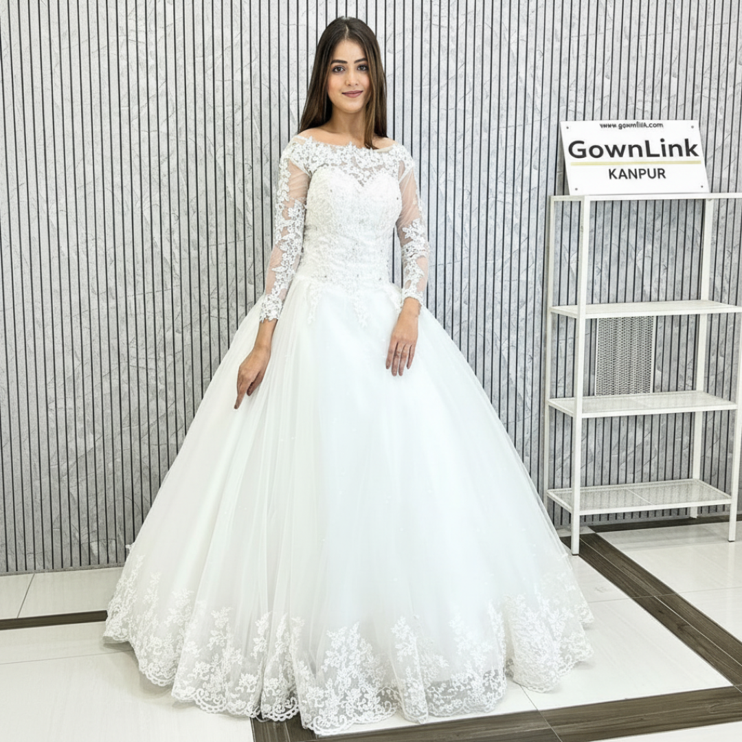Side profile view of White Bridal Gown with Long Train showing silhouette — GownLink GLHSD189T
