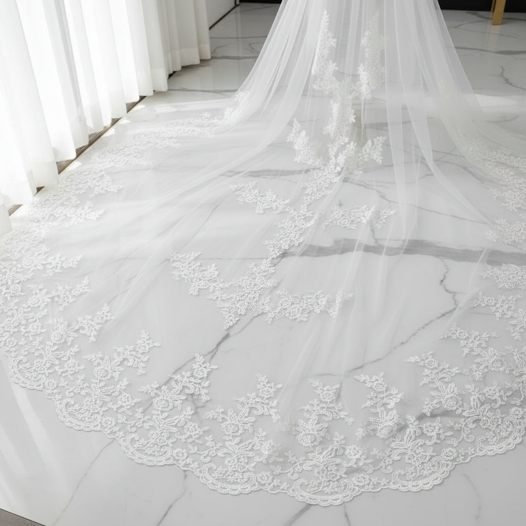 Luxury white cathedral veil with embroidered lace for wedding ceremony