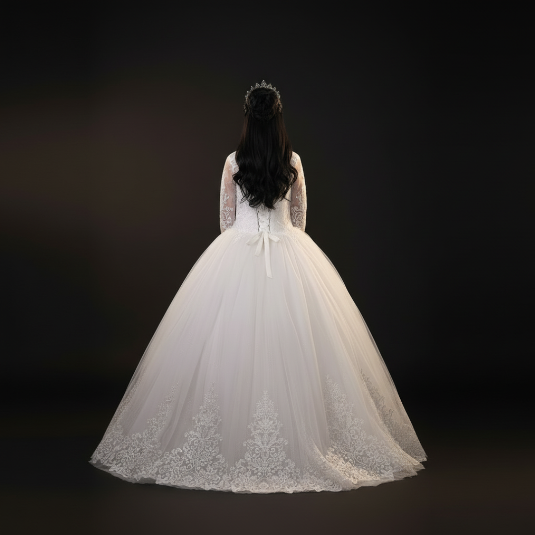 Elegant cathedral-style Christian bridal gown with embroidered lace details and a graceful silhouette