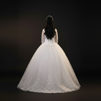 Elegant cathedral-style Christian bridal gown with embroidered lace details and a graceful silhouette