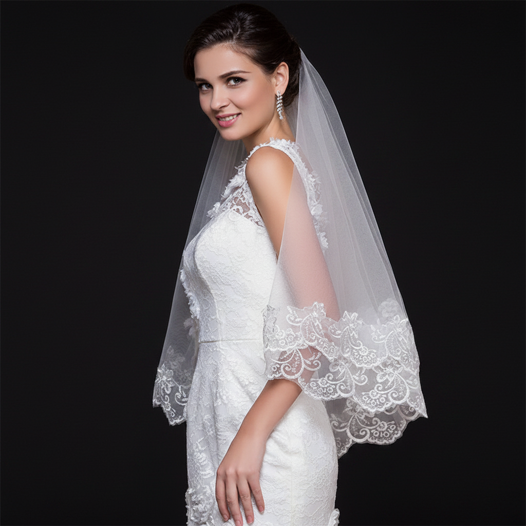 Church setting with model wearing Long Bridal Veil — GownLink GLV09