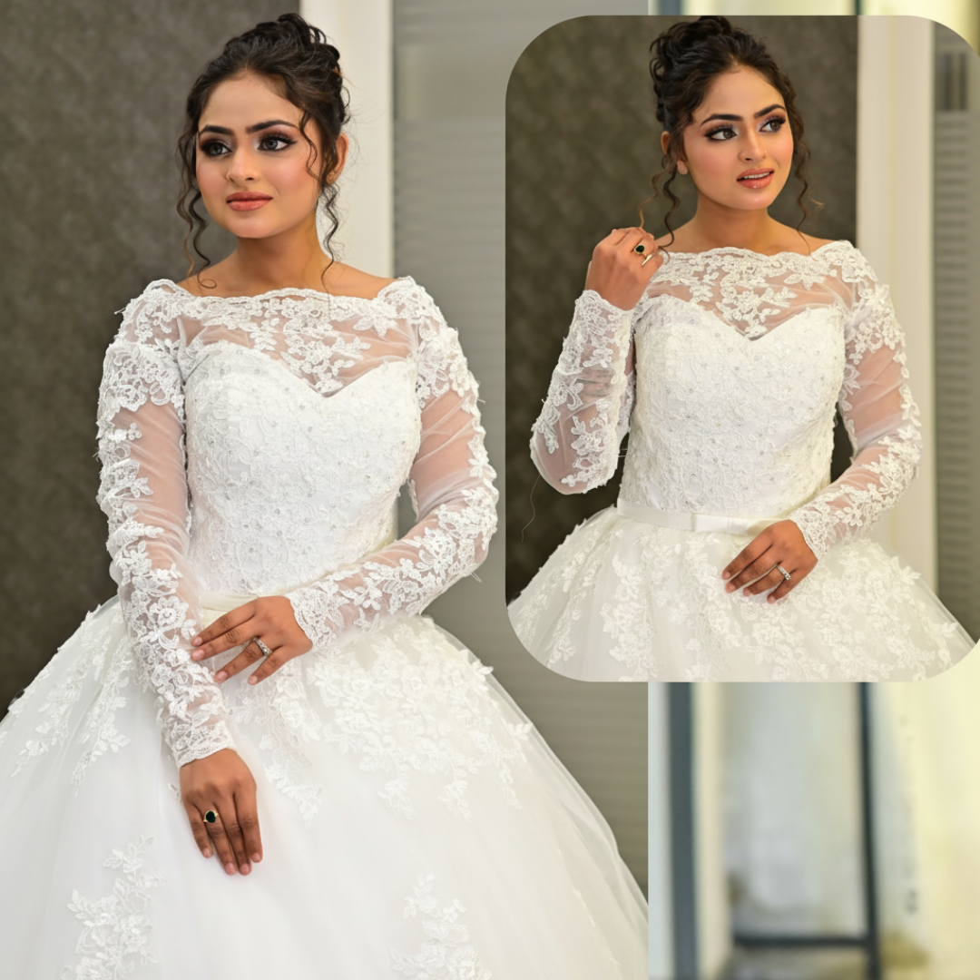 Elegant Christian wedding ball gown with a flowing train and lace embroidery