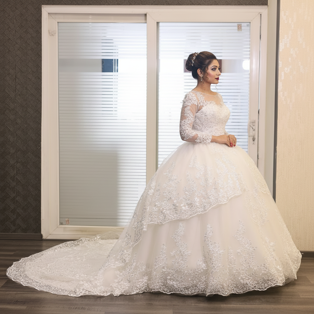 Elegant church wedding dress with sheer lace sleeves and timeless Christian bridal styling