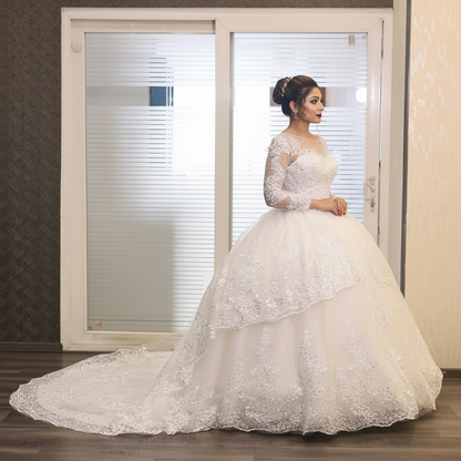 Elegant church wedding dress with sheer lace sleeves and timeless Christian bridal styling