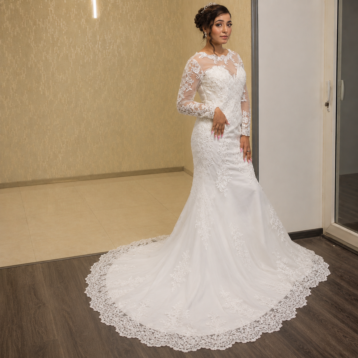 Close-up of lace and fabric detail on White Mermaid with Cathedral Train — GownLink GLGT044