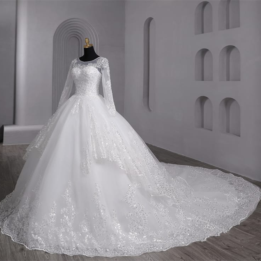 Elegant princess Christian bridal gown with floral lace details and a graceful layered train
